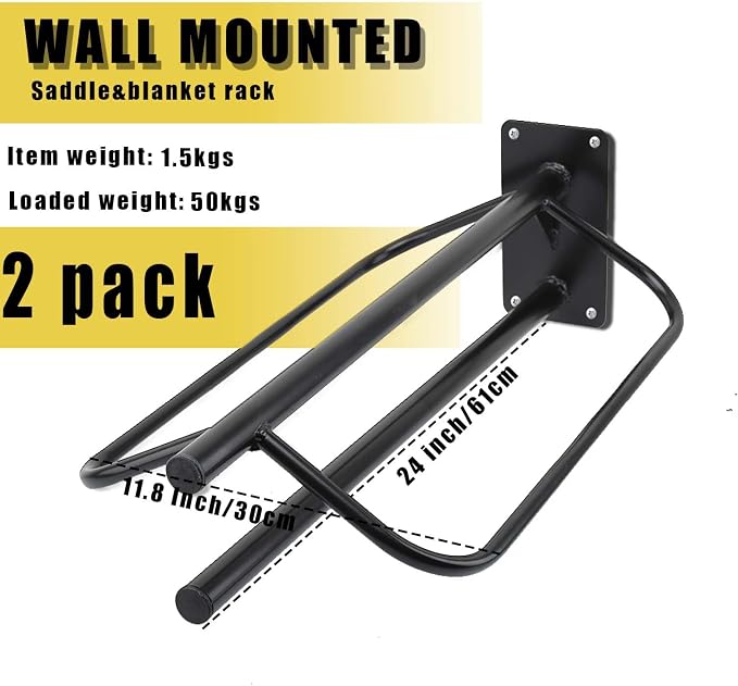 2 Pack Saddle Rack with Pad Bar,Heavy Duty Wall Mounted Saddle Stand Saddle Pad Rack for English Western Saddles Horses Blanket,Black