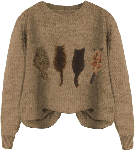WDIRARA Women's Cat Graphic Sweater Long Sleeve Crew Neck Knit Tops Casual Knitwear