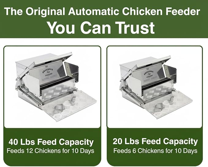 Grandpas Feeders Automatic Chicken Feeder - 20 lbs No Waste Poultry Feeder, Rat Proof & Rodent Proof Treadle Chicken Feeder, Galvanized Steel with Lid, Feeds 6 Chickens up to 10 Days