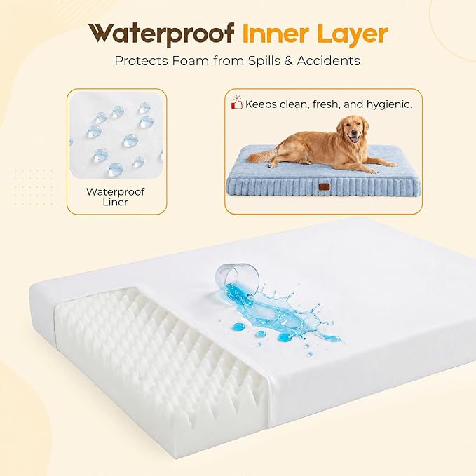Orthopedic Dog Bed for Large Dog, Waterproof Pet Bed for Crate,Non-Slip Bottom and Egg-Crate Foam with Removable Washable Cover Crate Bed,Blue,35"x22"x3"