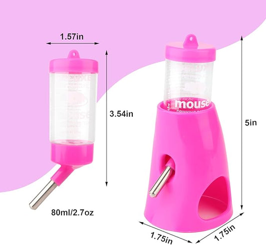 Hypeety Hamster Water Bottle with Base Hamster Automatic Water Dispenser Cage Accessories for Dwarf Hamster Mouse Rat Hedgehog Guinea Pig 80ML (Pink, 80ml)