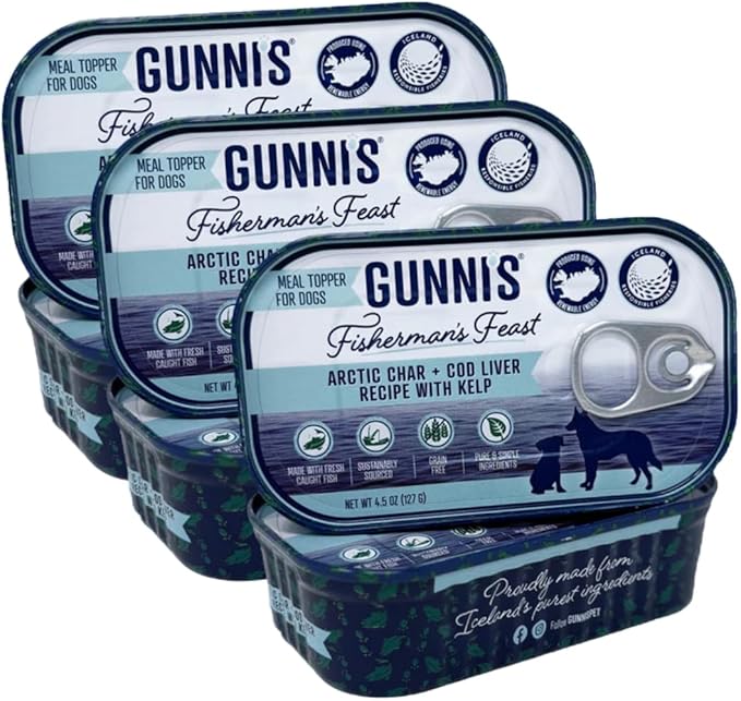 Gunnis Pet Fisherman’s Feast Dog Food Topper – Arctic Char & Cod Liver with Kelp – Gently Cooked, Grain-Free, Omega-Rich Meal Topper for Dogs – 4.5 oz Tins, Pack of 6