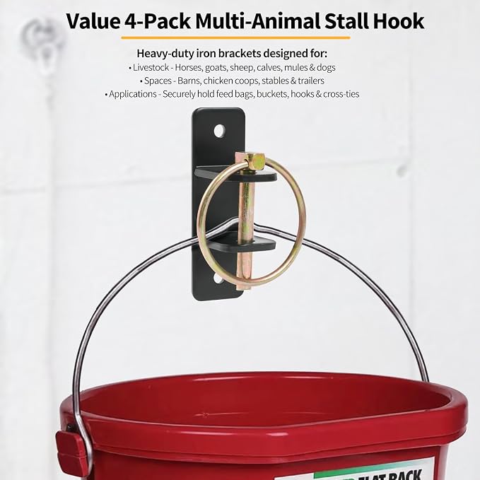 4 PCS Heavy Duty Water Bucket Hooks with Quick Release Pin, 5/32 Inch Thick Wall Mounted Horse Feed Bracket for Stall, Seamless Welded Hardware for Livestock, Barn & Pets