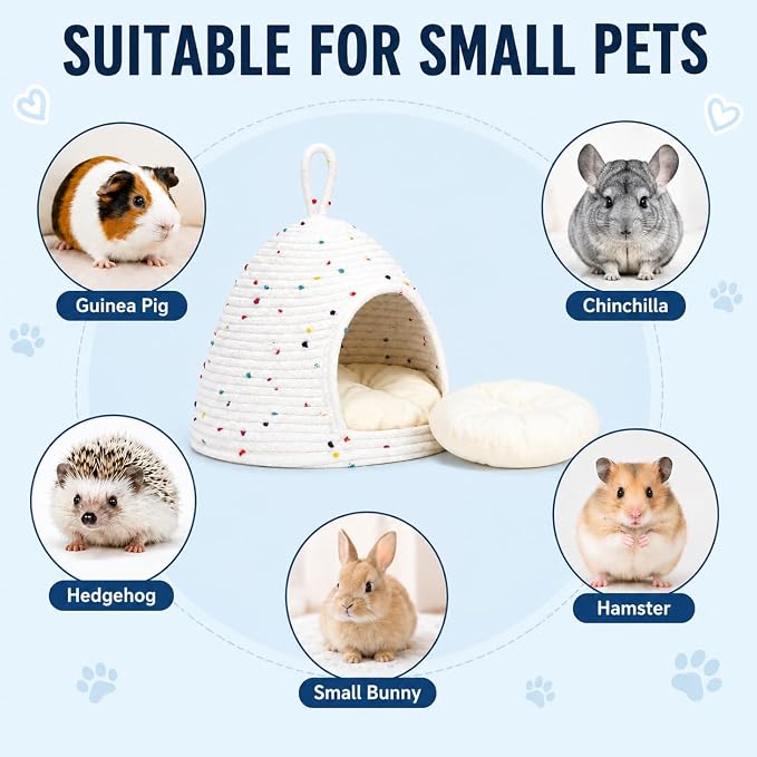 Guinea Pig Hideout Bed, 11 x 9.8 in Small Animal Hideaway House with Removable Cushion, Washable Cotton Rope Cozy Cave for Guinea Pigs, Chinchillas, Hedgehogs, Hamsters, Small Bunny