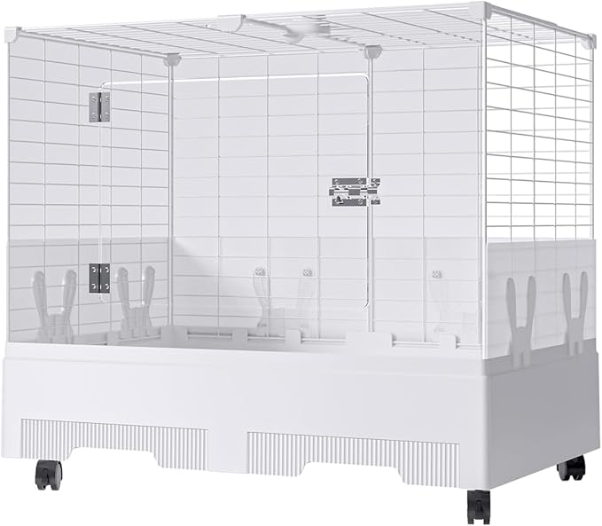 Oneluck Large Rabbit Cage Indoor,2-Story Bunny Hutch with Rasied Urine-Proof Walls, Leak-Proof Trays, Wheels,37" L x22 W x 30" H for Rabbits, Chinchillas, Guinea Pig (Small, Transparent)
