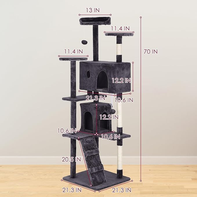 PayLessHere 70in Multi-Level Cat Tower with Scratching Post, Cat Condo Stand House, Indoor Kitty Activity Center with Furry Ball Toys, Ashy