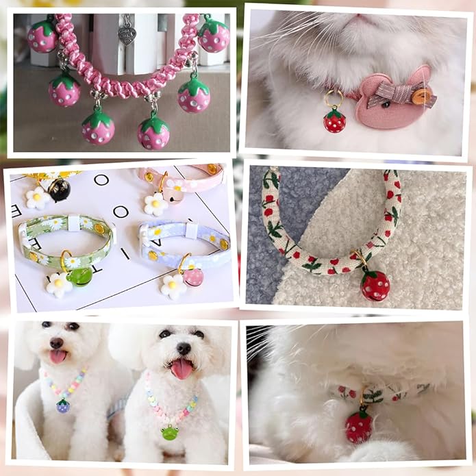 CHGCRAFT 14Pcs 7 Styles Pet Collar Bells Brass Cherry Panda Frog Strawberry Charm Cat Collar Bell Pet Pendant Accessories with Stainless Steel Double Loops Jump Rings for Potty Training