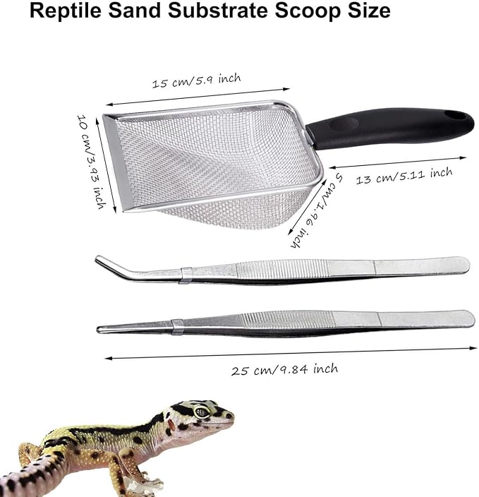 Reptile Sand Substrate Scoop Reptile Sand Fine Mesh Reptile Scooper Stainless Steel Terrarium Substrate Sand Bedding Litter Cleaner Scoop and Reptile Long Feeding Tongs Set (Black-2mm)