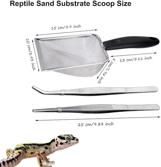 Reptile Sand Substrate Scoop Reptile Sand Fine Mesh Reptile Scooper Stainless Steel Terrarium Substrate Sand Bedding Litter Cleaner Scoop and Reptile Long Feeding Tongs Set (Black-2mm)