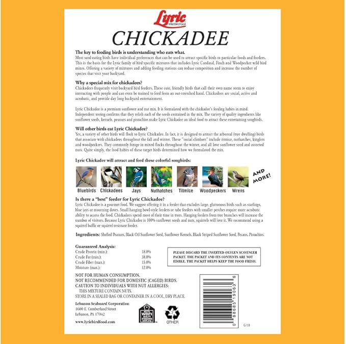 Lyric Chickadee Wild Bird Seed - Sunflower & Nut Premium Wild Bird Seed for Outside Feeders for Chickadees, Nuthatches & Titmice - 20 lb Bag