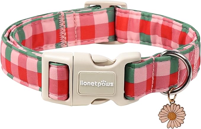 Lionet Paws Spring Dog Collar- Pink Green Plaid Dog Collars with Plastic Buckle and Daisy Pendant, Light Winter Dogs Collar for Small Medium Dogs