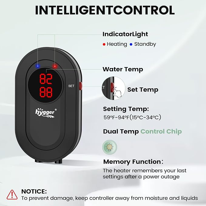 hygger 1200W Aquarium Heater with Controller, Submersible Fish Tank Heater Intelligent Leaving Water Automatica Stop Heating and Overheat Protection,132-264 Gal Turtle Heaters for Freshwater Saltwater