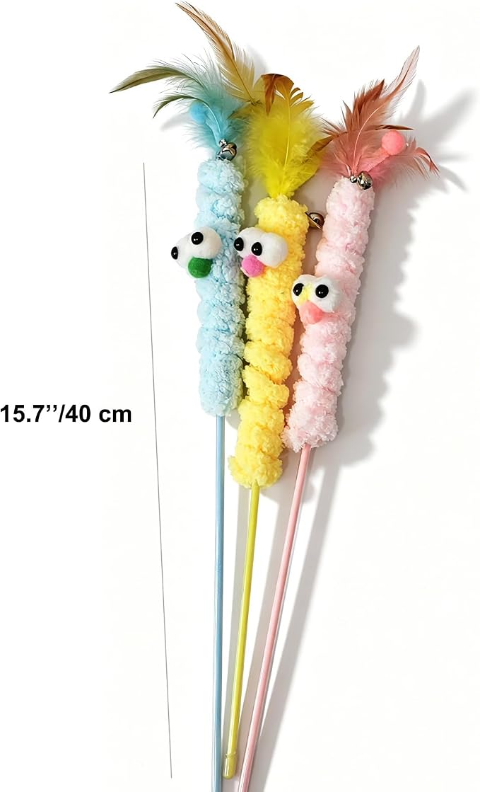 IUHKBH Cat Wand Toys, 3 PCS Cute Plush Teaser Wand with Bell & Feather Interactive Play Toy for Bored Indoor Cats and Kittens