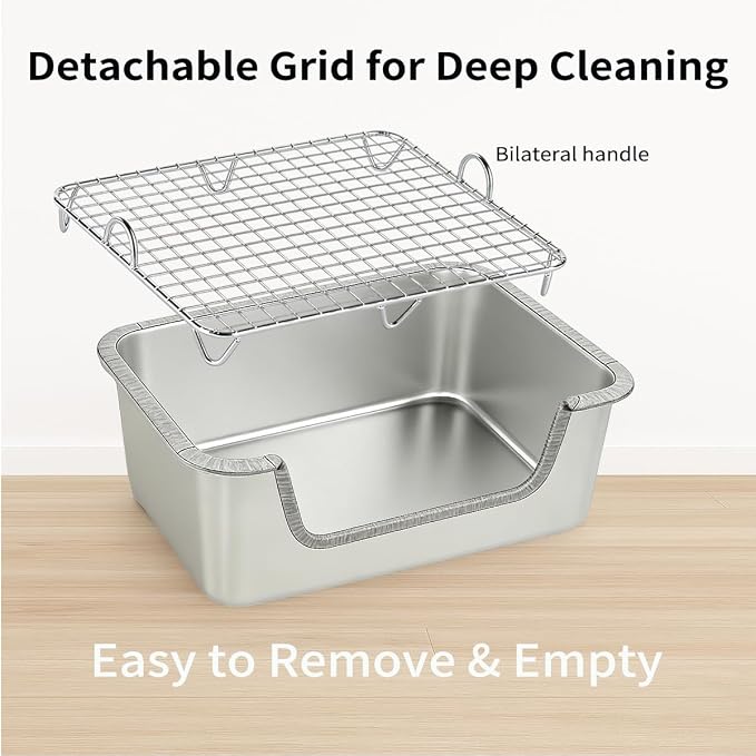 PODOO Bunny Litter Box, Stainless Steel Sifting Pan with Non-Slip Pads | Stainless steel sifting pan lets waste fall below; raised sides and non-slip pads help keep the litter area stable and tidy