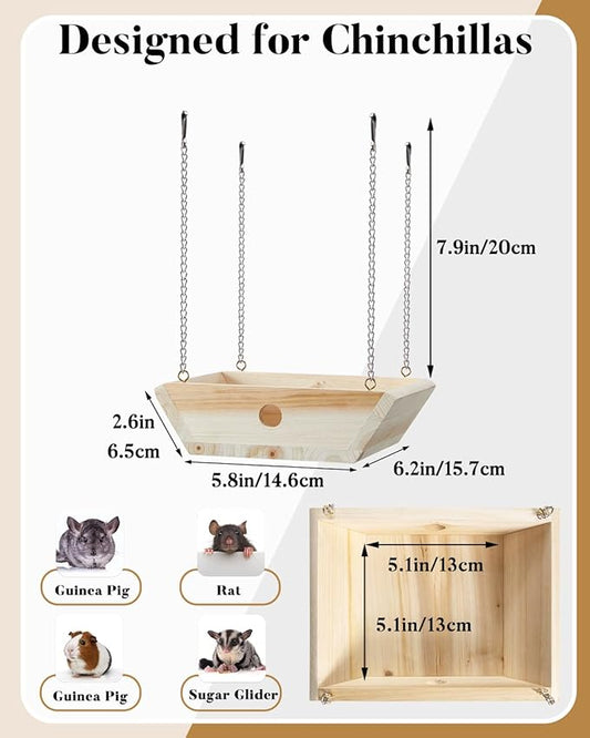 Natural Wood Chinchilla Hammock for Cage Swing, Chinchilla Bed Hanging, Wooden Chinchilla Toys and Cage Accessories, Chinchilla House Hut Ledges And Platforms Enrichement, Indoor Chinchilla Habitat