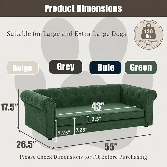 Large Dog Couch, for Large & Extra Large Dogs | Removable & Washable | No Assembly Required | Breathable Linen Fabric | Soft Foam |Floor-friendly sofa legs | Olive Green