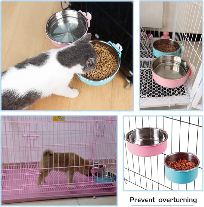 Andiker Pet Bowl 2-in-1 Removable Stainless Steel Food Bowl for Puppy/Cat, Hanging Cage Large Water Food Feeder for Dogs Cats (Small, Pink)
