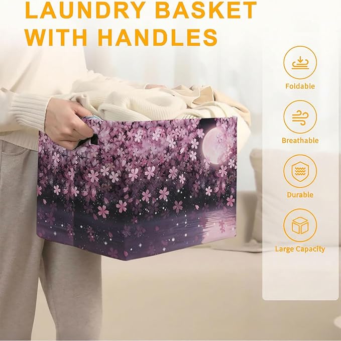 56L Cherry Blossoms Laundry Basket Clothes Hamper with Handles,Foldable Blanket Storage Large Laundry Hamper with Waterproof PE,Toy Storage Bin Organizer,Cube Clothes Organizer,Home Decor