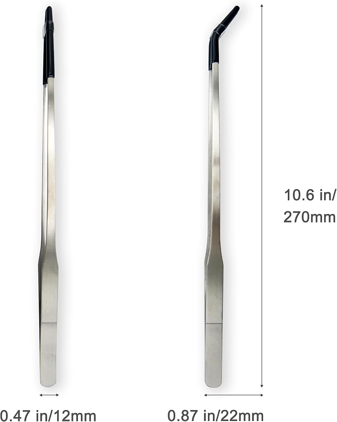 2 PCS Long 10.6" Stainless Steel Reptile Feeding Tongs with Rubber Tip, Straight & Curved Tweezers for Aquariums & Crafts, Feeder Tools for Bearded Dragon, Lizards Snake, Terrarium Supplies (Silver)