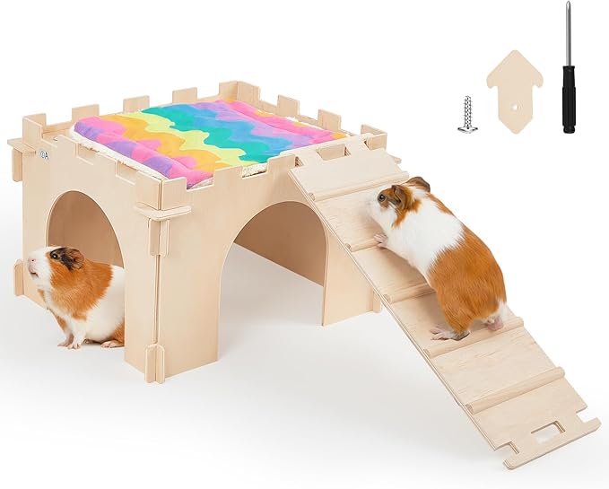Guinea Pig Hideout, Guinea Pigs House with Stairs and Mats Extra Large Guinea Piggy Castle Detachable Hideouts for Small Animals Wooden Guinea Pig Habitats with Multiple Doors and Windows