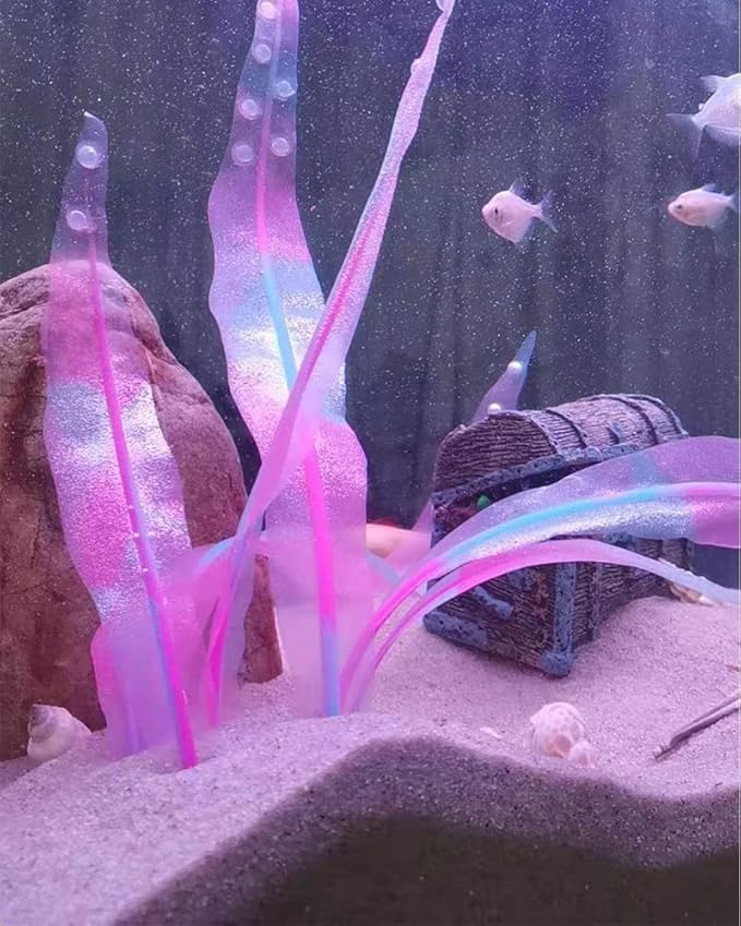 1Pc Silicone Aquarium Plants Tall Fish Tank Artificial Plants Decor Glowing Kelp Simulation Artificial Water Grass Fish Tank Plant,Pink,16.9in