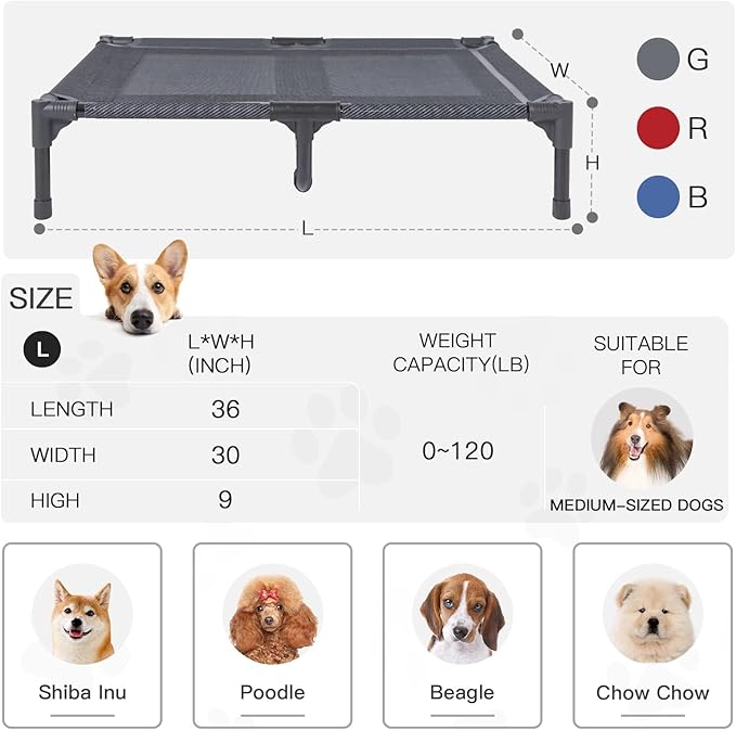 suddus Elevated Dog Bed Waterproof Outdoor, Portable Raised Dogs Beds, Dogs Beds Off the Floor, Dog Bed Easy Clean Indoor or Outdoor Use, Large, Grey