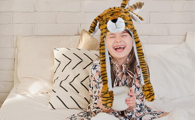 Bubblepompom Animal Hat with Ears Moving Jumping Pop Up Beating Hat Plush Holiday Cosplay Dress Up Funny Gift for Kids