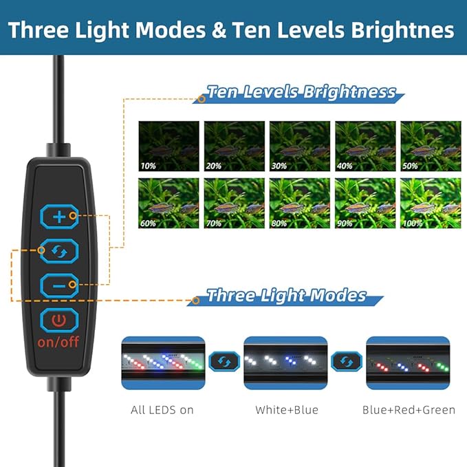 DaToo LED Aquarium Light Full Spectrum Fish Tank Light with Dimmer White Blue Red Green LEDs Fish Tank Light with Three Lighting Modes and Extendable Bracket for 12 Inch to 16 Inch Aquarium
