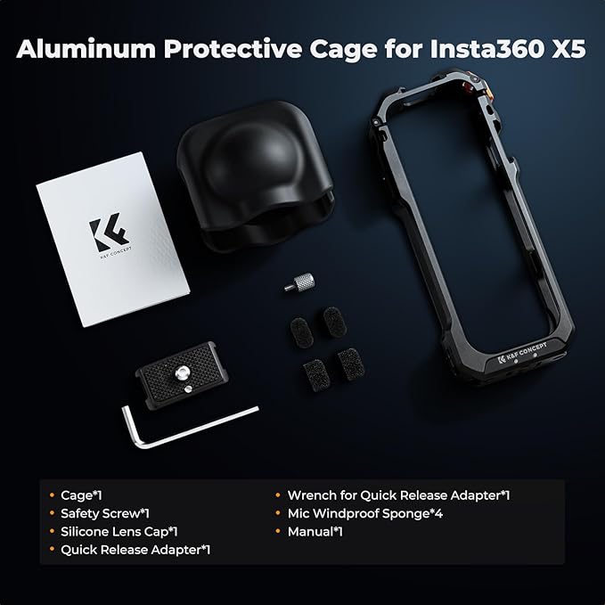 K&F CONCEPT Camera Cage for Insta360 X5, Aluminum Alloy Protective Case with Silicone Lens Cover, Frame with 2 Cold Shoe Mounts for Microphone and Led Video Light, Built-in 1/4" Screw Hole