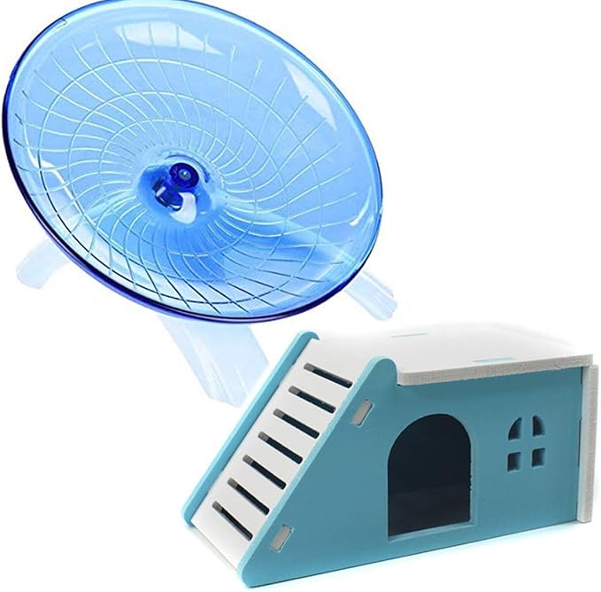 Hamster House Wood Bridge Climb Kit and Exercise Wheel Jogging Running Silent Spinner Flying Saucer Pet Syrian Rat Gerbil Guinea Pig Chipmunk Mouse Parakeet Small Animals