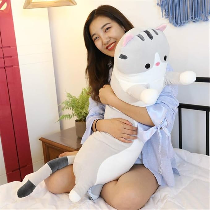 shangman Lovely Plush Cat Doll Cute Cartoon Soft Stuffed Kitten Pillow Long Throw Sleeping Pillow Doll Toy Gift for Kids Girlfriend Multiple Size (Grey,110cm/43.3in)