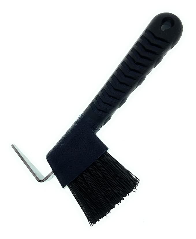 Horse Hoof Pick with Brush - Non-Slip Ergonomic Handle, Heavy-Duty Steel Pick & Stiff Bristles - Removes Dirt, Mud & Rocks - Horse Grooming Tool for Daily Hoof Care (Black)