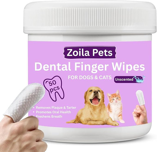 Dog & Cat Dental Wipes - Finger Toothbrush for Plaque, Tartar & Breath | Dental wipes help remove plaque, tartar & bad breath for dogs, cats & small pets, easy at-home oral care, 50 Wipes, Unscented