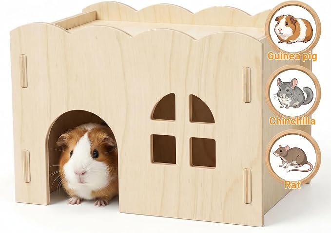Wood Guinea Pig Hideout, Wooden Guinea Pig House Chew-Safe Hamster Hideout Hamster Explorer for Gerbils Hamsters Small Pets