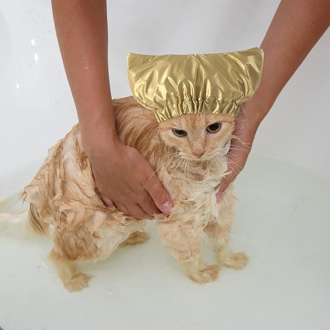 Pet Shower Cap Waterproof Reusable Bath Ear Covers with Adjustable Strap Cat Dog Bathing Hat for Ears Protection Elastic Headgear for Cat Dog Kitten Puppy (Gold,S (10.2''-12.6''))