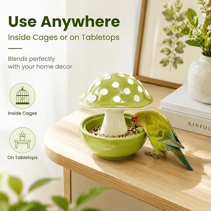 Small Animal & Bird Feeding Dish, Ceramic Mushroom No Mess Feeder for Cage, Dual-Use Food or Water Bowl for Hamster, Budgie, Cockatiel, 4.33" Height