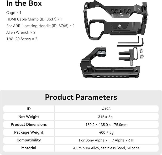 SmallRig A7 III / A7R III Camera Cage Kit for Sony Alpha 7 III/Alpha 7R III, Full Cage with Top Handle for ARRI and Cable Clamp, Built-in Cold Shoe and NATO Rails - 4198