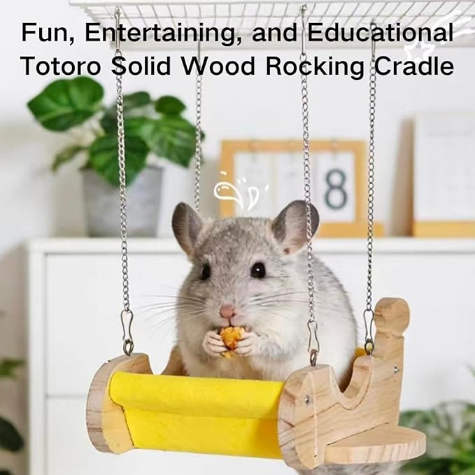 Small Animal Wood Hideout, Wooden Swing Hammock for Chinchilla, Cute Airplane-Shaped, Hanging Cage Accessory with Felt Fence, Small Pet Play Bed for Squirrel Rat, Interactive Enrichment Toy