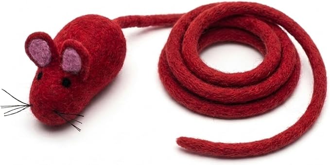 Glaciart One Felt Mouse Cat Toy – Soft Fuzzy Enrichment 100% Natural Wool - Interactive Catnip Play Cat Toy Set - Safe for Pets, Non-AZO Colored Dyes - 100” Long