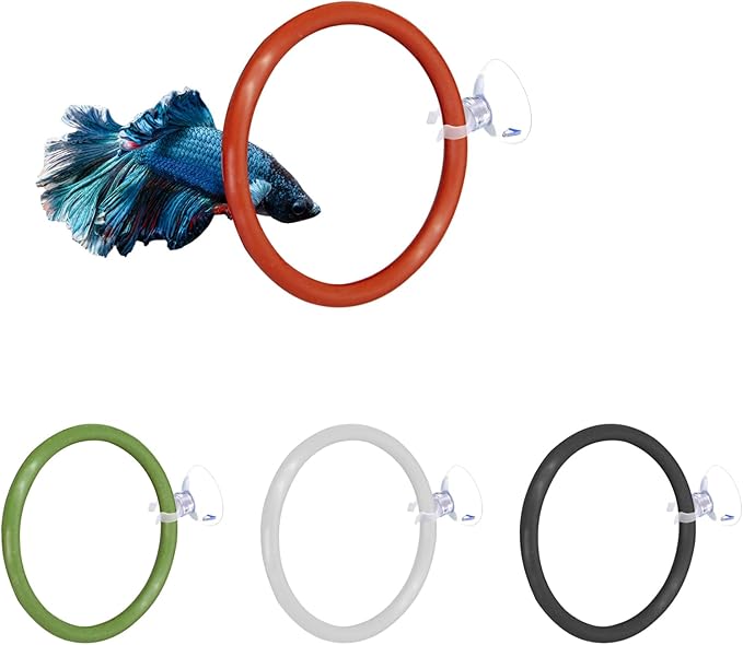 SnowTing 4 Pcs Upgraded Betta Fish Exercise Ring for Aquarium, Soft Silicone Training Loop with Suction Cup, Betta Fish Feeder Ring and Enrichment Toy, ID 2''/50 mm (Red, Green, White, Black)