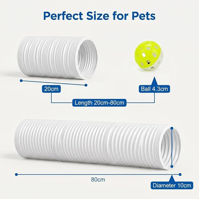 Hamster Collapsible Tunnel Tube Toys with 4 Bell Balls, Expandable Small Animal Hideout Exercise Toy 7.8inch Unextended 32.7inch Extended for Guinea Pig Gerbil Rat Ferret (White)