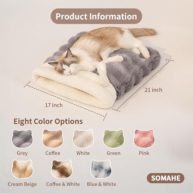 SOMAHE Cat Sleeping Bag for Indoor Cats, Faux Fur Pet Cave Bed & Burrow Nest, Reversible Plush Snuggle Sack, Portable Foldable Mat, Machine Washable, Anti-Static, 21.7"x17.7" White