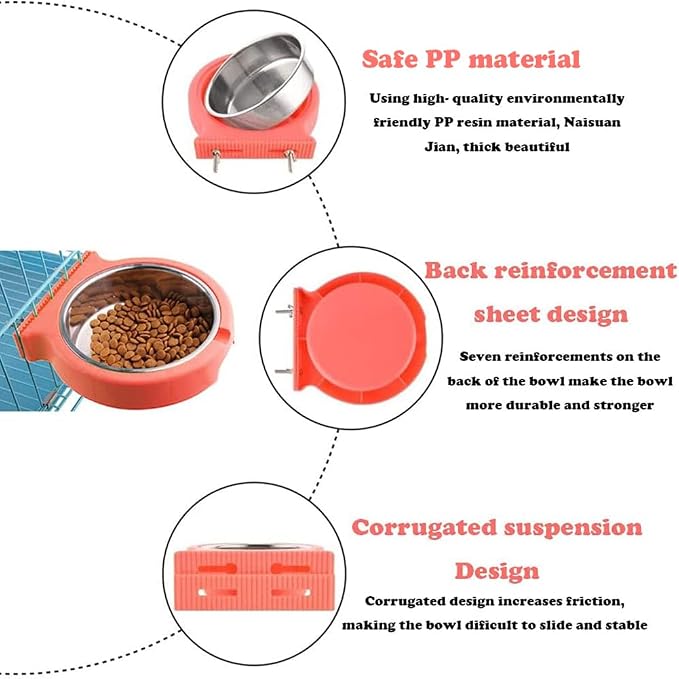 Crate Dog Cat Bowls, Removable Stainless Steel Hanging Pet Cage Bowls for Kennel, Crate Food Water Feeder Bowls with Bolt Holder for Cat, Puppy, Rabbite Birds and Other Small Animals (Large, Pink)