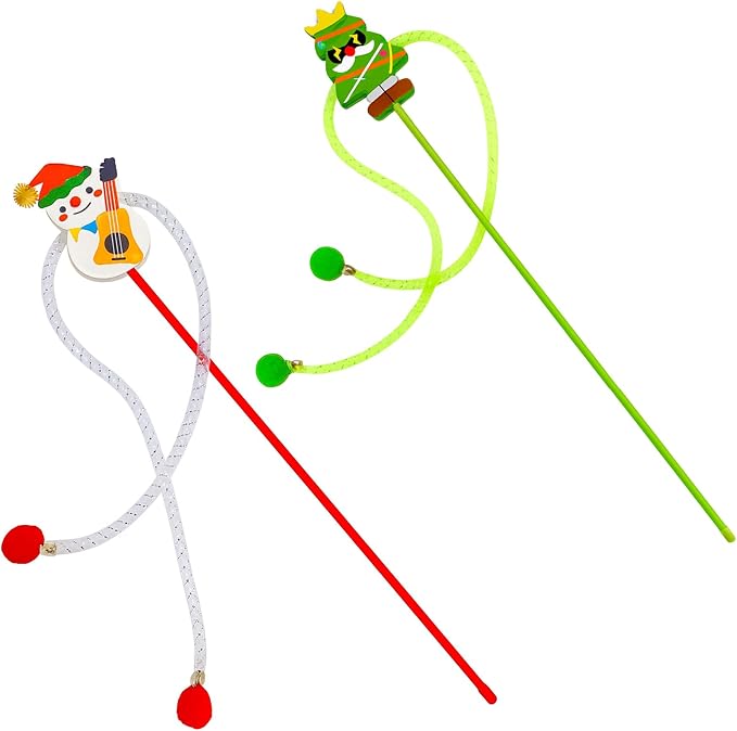 Christmas Cat Toy Wand Set of 2 – Interactive Cat Teaser Wands with Snowman and Christmas Tree Designs, Holiday Cat Toys with Bells and Pom-Poms for Indoor Cats and Kittens