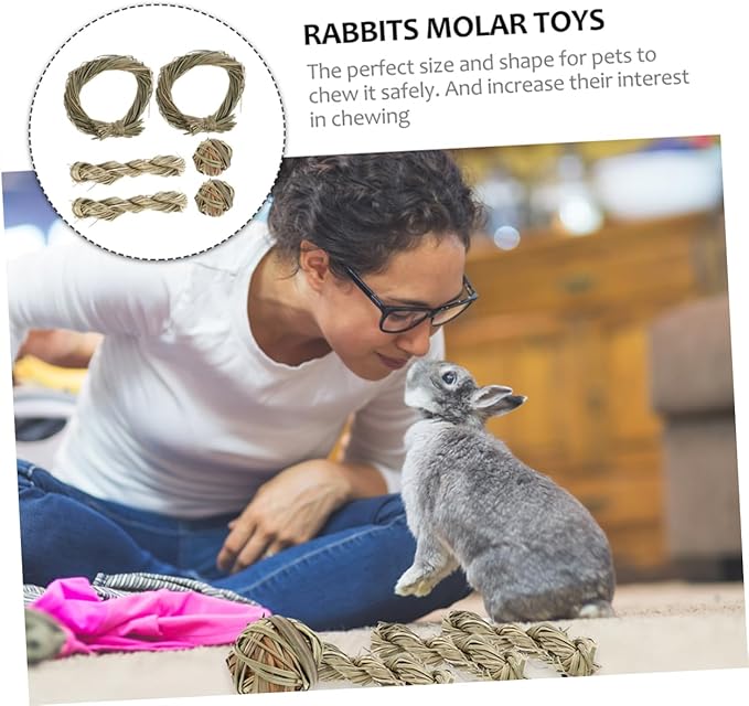 6pcs Small Animal Chew for Rabbits and Guinea Pigs Natural Grass Molar with Balls and Rings Teeth Cleaning Hamster Chew Props for Healthy Dental Care and Stress Relief
