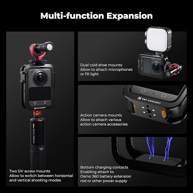 K&F CONCEPT Upgrade Metal Camera Cage Compatible with DJI Osmo 360 Accessories, Aluminum Protective Case | with Silicone Lens Cover | Expansion Frame with 2 Cold Shoe Mount | Built-in Charging Contact