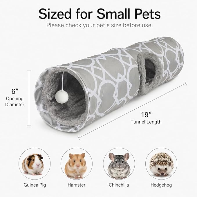 Plush Inside Stright Shape Small Animals Tube Tunnel with Interactive Ball for Guinea Pig, Hamster, Chinchilla, Hedgehog Hiding and Resting, Geometric Grey