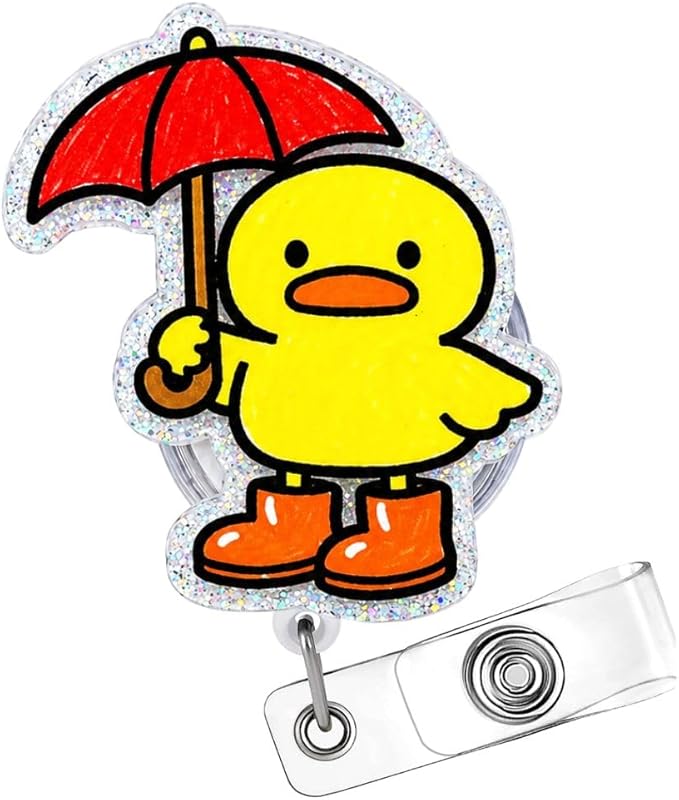Duck in Rain Boots Badge Reel Glitter Cute Acrylic Office Teacher Nurse Funny Retractable ID Card Holder Clip Name Tag Alligator Swivel Durable Easter Spring Summer Gift Women Work Accessories