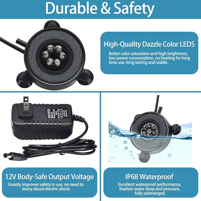 DaToo Aquarium LED Air Bubble Stone Disk Bubble Light 4 Inch with 6 Dazzle Color LEDs Fish Tank Oxygen Bubble LED Light Color Auto Changing with 3.5ft Air Tubing