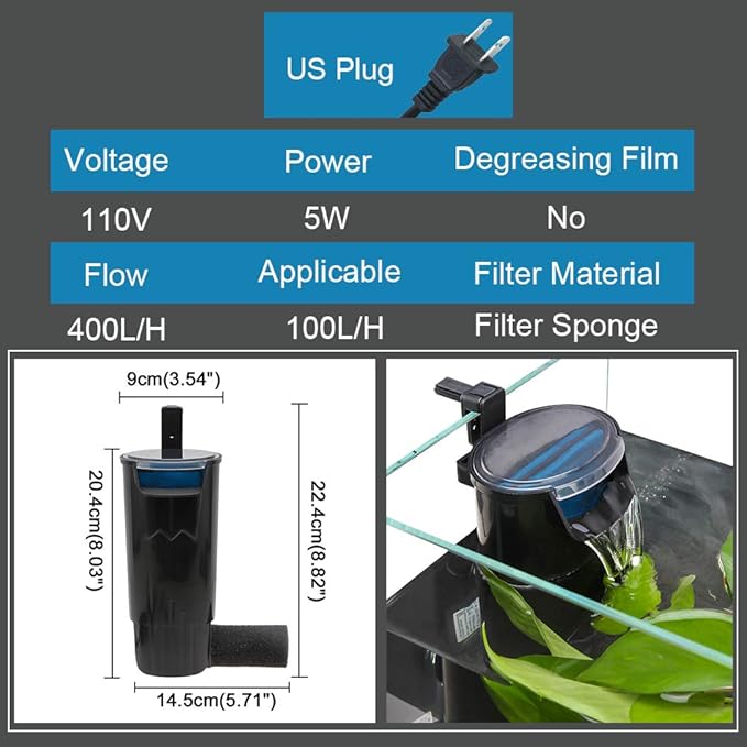 Senzeal Aquarium Turtle Filter Quiet Low Water Level Filter Pump 5W 400L/H Internal Fish Tank Filter for Fish Tank Turtle Tank